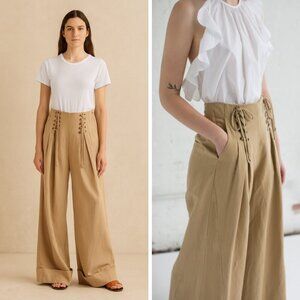 NEW Ulla Johnson Gaucho Trouser Khaki Linen Blend Wide Leg High Waist Minimalist